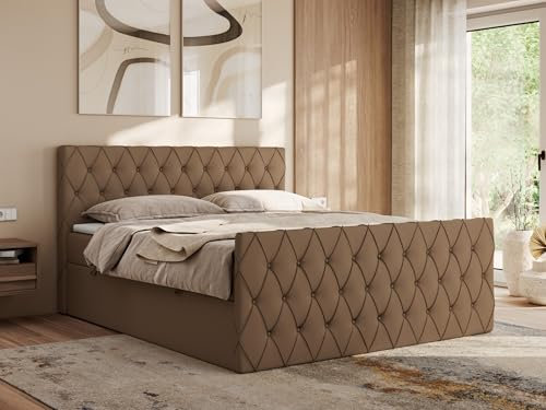 MKS MEBLE Boxspringbett 180x200 cm Miren Duo – Bett mit Bettkasten & Kopfteil, Ziernähte/Steppung – 2× 7-Zonen Taschenfederkern Matratze H3 mit Topper T25 – Braun Kunstleder
