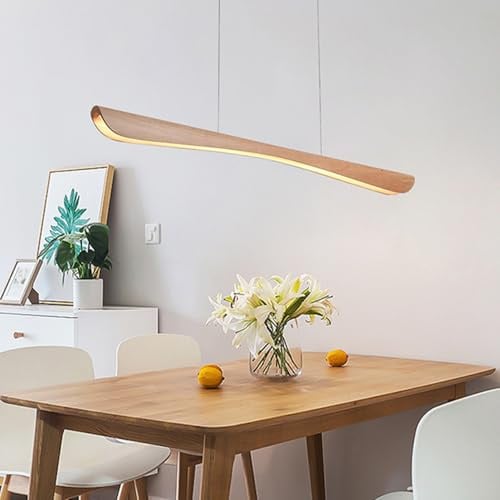 Bellastein LED Pendelleuchte esstisch holz Dimmbar, Moderne Hängelampe mit Fernbedienung,Linear Design Hängeleuchte Esstisch lampe, Höhenverstellbar Holzlampe für Esszimmer Büro Küchenlampe (100cm)