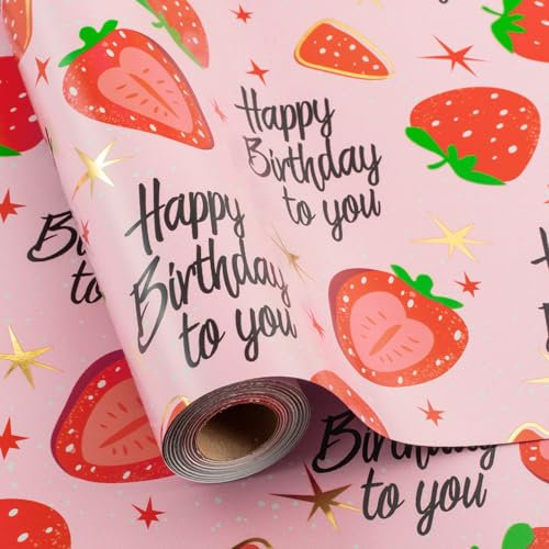 Wikadlik Geschenkpapierrolle, Erdbeere, 43 cm x 10 m, schwarzer Happy Birthday-Schriftzug, Rosa, Geschenkpapier für Mädchen, Geburtstag, Party, Feier