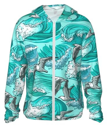 Onde Schizzi Uccelli Gabbiani,Giacca con Cappuccio con Protezione Solare, Leggera, a Maniche Lunghe, per Esterni,3XL