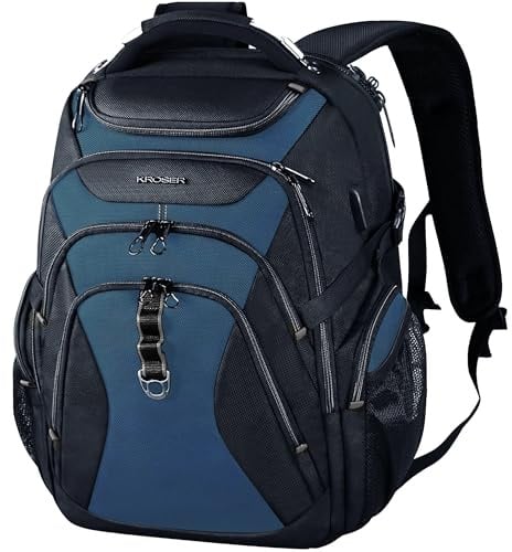 KROSER Laptop Rucksack Herren 18.4 Zoll Reise XXL BusinessRucksack Schwerlast Wasserdicht mit Hartgeschältem Sicherheitsraum Ladeanschluss RFID Tasche für Männer/Frauen-Schwarz Blauer Dunst