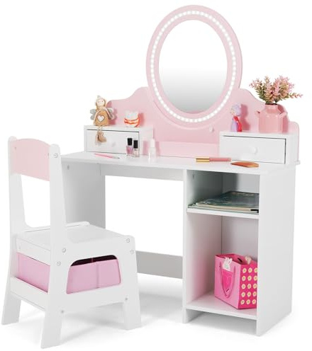 JOYLDIAS 2 in 1 Schminktisch Kinder mit Hocker und LED-Spiegel, Rosa | Prinzessin Frisiertisch Schreibtisch, mit Schublade, Regal und Körbchen, Kinder Schminktisch für mädchen ab 3 Jahre