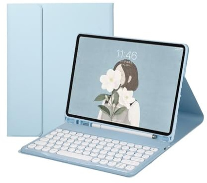 YSJX Abnehmbare Tastatur mit runden Tasten, PU+TPU-Lederhülle mit Standfunktion, kompatibel mit iPad mini 6/7 8,3 Zoll 2023(Sky Blue+Keyboard)