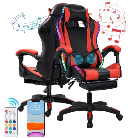NYXIFYLO Chaise de Gaming avec Haut-parleurs Bluetooth, Éclairage LED, Repose-Pieds Rétractable, Dossier Extensible et Accoudoirs Ajustables, Fauteuil de Travail et de Loisirs en Cuir Synthétique
