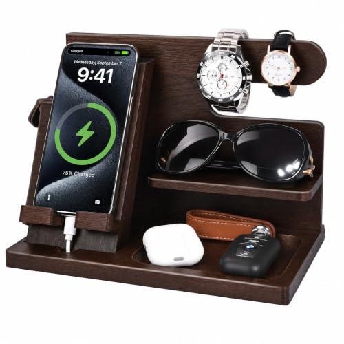 Vicloon Gifts For Men Bedside Organiser Wood Phone Docking Station, Nightstand Key Wallet Watch Stand, Gift For Dad, Boyfriend