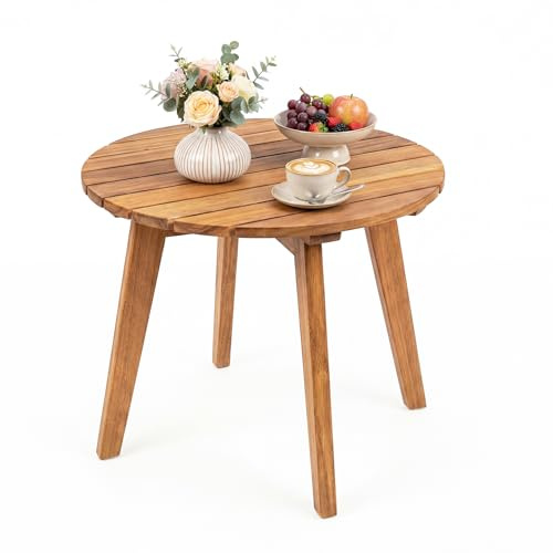 COSTWAY Beistelltisch Holz wetterfest, runder Gartentisch | Holztisch aus Akazienholz, kleiner Balkontisch, Kaffeetisch für Garten, Balkon, Terrasse, 43 x 43 x 35 cm