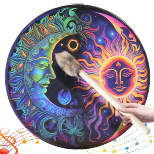 Handtrumma, 10-tums shaman-trumma med 1 par pinnar, instrumentell sol- och månmönster ljudeffekter shamanisk buffel för andlig musik, reflektionsmeditation