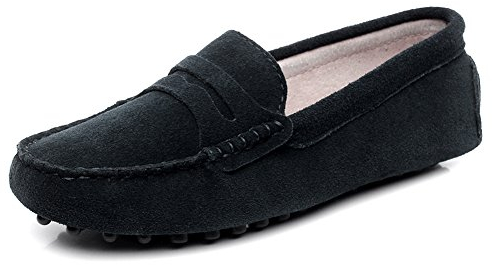 Jamron Damen Klassisch Wildleder Penny Loafers Gemütlich Handgefertigt Mokassins Slippers Schwarz 24208 EU40
