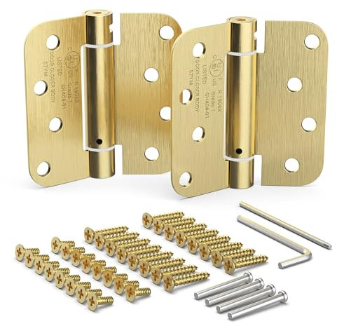 Self Closing Door Hinges, Spring Hinge Door Closer, Spring Loaded, Auto Close, 4 Inch, Automatic Closer, Auto Shut For Interior, Garage, Exterior, Adjustable Tension, 5/8” Radius Corner, Brass, 2 Pack
