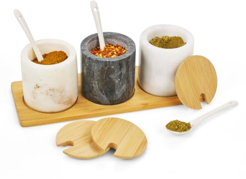 Homiu Marble Spice Jar Set | 3 Pcs Bamboo Lids Storage Jars with Ceramic Spoons Utensil | Airtight Kitchen Spice Containers for Spice, Herb, Salt, Sugar, Seeds, Nuts, Coffee, Tea