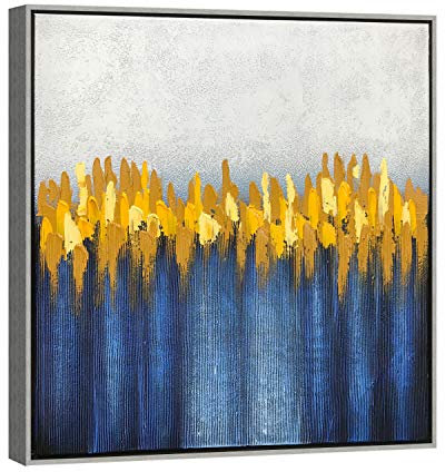 Wieco Art Pinturas al óleo grandes con marco plateado abstracto, gris, amarillo y azul, sobre lienzo, arte de pared, moderno, 100% pintado a mano, decoración del hogar, AB1127-6060-SF