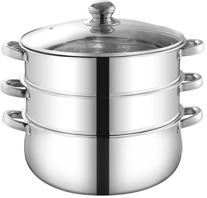 3 Tier Edelstahl Dampfgarer, professionelle Edelstahl-Dampfer Set, Dampfer Korb Regal Set Geeignet for alle Herdarten, gehärtetem Glas Deckel, zusammengesetzte Unterseite, mehrere Größenoptionen