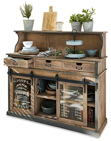 Loberon Buffet Rombas, Tolle Holzmaserungen, Zwei Glasschiebetüren mit Nostalgie-Aufdruck, Industrial-Style, Kommode, Mangoholz, Glas, Eisen, braun