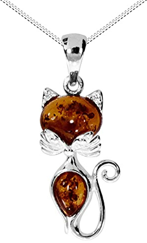 Kette mit Anhänger - Katze - Silber 925/000 - Bernstein
