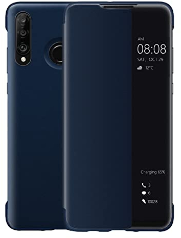 Huawei P30 Lite Hülle, Luxus PU Leder Handyhülle, Smart View Flip Cover Schutzhülle [Energiesparmodus Bieten][Umfassender Schutz](P30Lite, Blau)