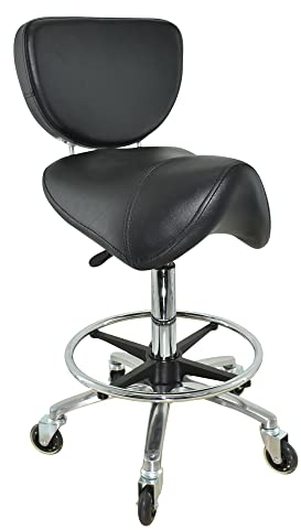 VAKON SALON - Sattelhocker mit Lehne, Sattelstuhl für Rückenentlastung, Rollhocker höhenverstellbar von 55-75 cm mit Fußring, Drehhocker, Praxishocker, Bürohocker, Arbeitshocker