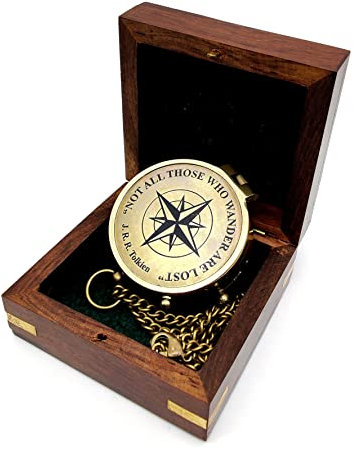 Handgefertigter Messing-Kompass Not All Those Who Wander Are Lost, antikes Zifferblatt, Marine-Messing-Kompass, Matrosen-Geschenke, Richtung, Vintage, Heimartikel mit Holzkoffer