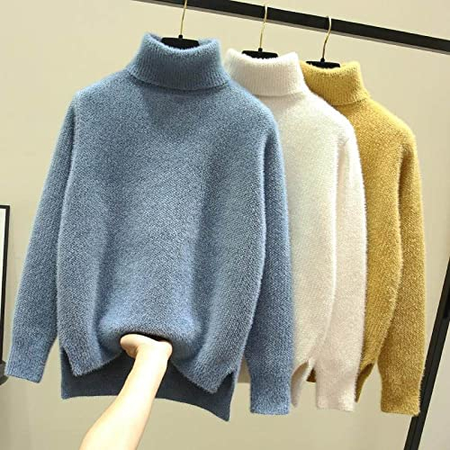 Damen Rollkragenpullover,Mohair Solid Pullover Pullover, Super Weiche Warme Plüschpullover, Lockere Elegante Dicke Lange Ärmel Tops, Weiß, M