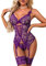 Evelife Set di lingerie sexy da donna in pizzo con polsini alla coscia, biancheria intima, babydoll con giarrettiera alla coscia senza calze, Viola, XL