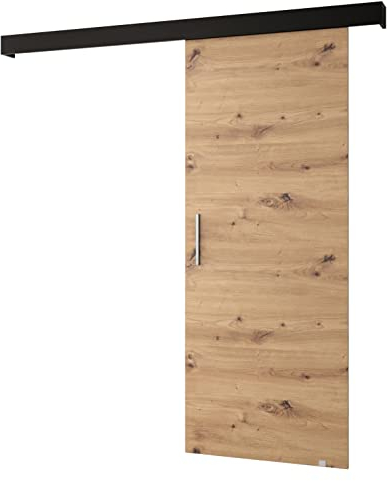 KRYSPOL Schiebetür SALWADOR 1 90cm, Türen, Schlafzimmer, Wohnzimmer, Korridor, Modern Design (Artisan Eiche/Gitter: schwarz matt/Griff: Silber)