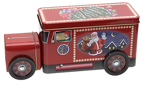 POWERHAUS24 Santas Truck winterliche Blechdose mit drehbaren Rädern, Geschenk, Aufbewahrung, Deko, Spielzeug, lebensmittelecht, ca. 24 cm x 11,5 cm, 2 Rezepte inklusive