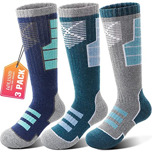 Anlisim Kinder Merinowolle Skisocken für Mädchen Jungen Warme Wolle Thermosocken Dicke Wintersocken Kompressions-Snowboardsocken Winter Geschenke Socken 3 Paare(Grau/Blau/Dunkelgrün,8-12 Jahre)