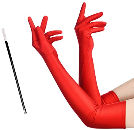 MIVAIUN Rote Ellenbogen-Handschuhe, Lange Satin-Opernhandschuhe, 1920er Jahre Stil Prom Fancy Dress (2 Stück)
