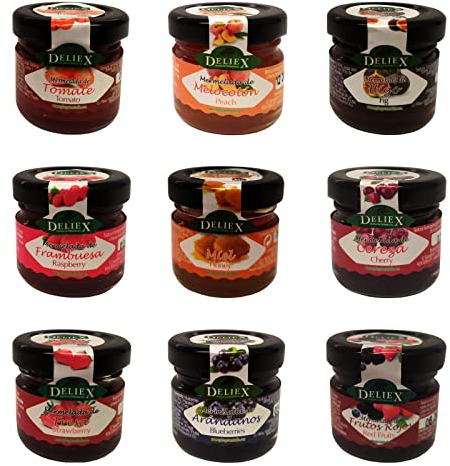Deliex delicias de Extremadura. 30 Mermeladas pequeñas sabores variados. Miniaturas de mermeladas en cristal 30 gr, detalles a invitados en bodas, comuniones, bautizos (Surtido, 30 Tarros)