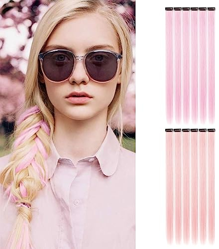 SJBAUTYO 12 Stück Rosa Haarverlängerungen, Highlights 21 Zoll Glattes langes Haarteile Haarsträhnen Zum Einklipsen Rosa Clip in Haarverlängerungen Extensions Bunt für Kinder Rosa