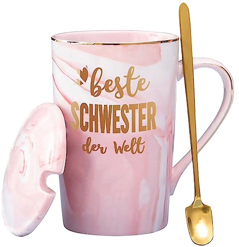 Schwester Geschenk Tasse mit Spruch 'Beste Schwester der Welt', Geschenke für Geburtstag zum Schulabschluss zu Weihnachten, mit Deckel Löffel, Geschenkbox