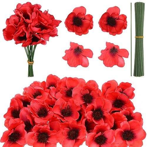 Haishell 60 Set Rote Mohnblumen, künstliche Blumen zum Gedenken, Sonntag, Mohnblumenkopf, gefälschte Wildblumen mit Blumenzweig, für Veteranentag, Blumenstrauß, Korsagen, Zuhause, Küche, Dekoration