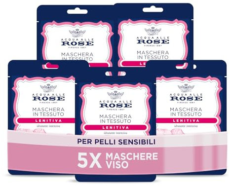 Acqua alle Rose, Maschera Viso in Tessuto Lenitiva Idratante Intensiva con Estratto di Rosa Chinensis, Ideale per le Pelli Sensibili o Secche, con Vitamina B5 Lenitiva, Nutre e Reidrata, Monouso, 5 pz