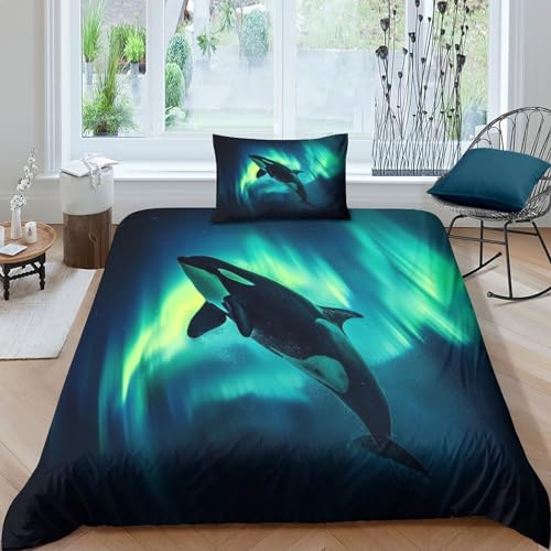 LENTLY Orca Bettwäschegarnitur Mädchen Junge Kinder Bettbezug Set 3D Gedruckter Sea Tiers Und Kissenbezüge Bettwäsche Weich Microfaser Reissverschluss 2 Teilig Single(135x200cm)