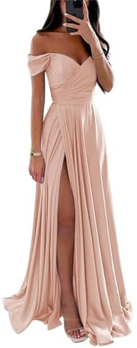 Abiti da damigella d'onore in raso per matrimonio con spalle scoperte scollo a V abiti da festa formale, Oro Rosa, 58 Più