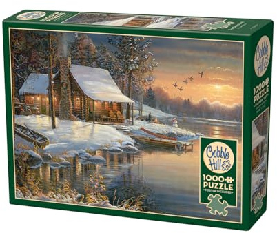 Cobble Hill 3840200 Blockhütte im Winter, 1000 Teile Puzzle inkl. Puzzleposter für Erwachsene und Kinder ab 12 Jahren, Landschaftspuzzle, Blockhaus