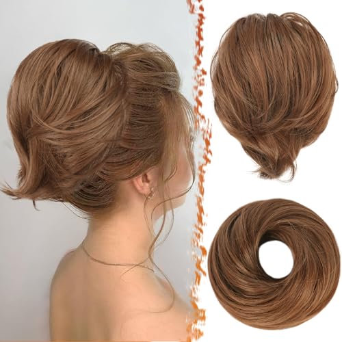 BARSDAR Haarknoten Pferdeschwanz Verlängerung, Gerades Synthetisch Kurzes Pferdeschwanz Dutt Haarverlängerung Gummiband Dutt Haar Scrunchie Haarteil für Damen (Golden Kupfer & Heller Braun)