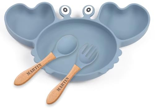 Plato de cangrejo y cubiertos personalizados con nombre para bebés (azul gris)