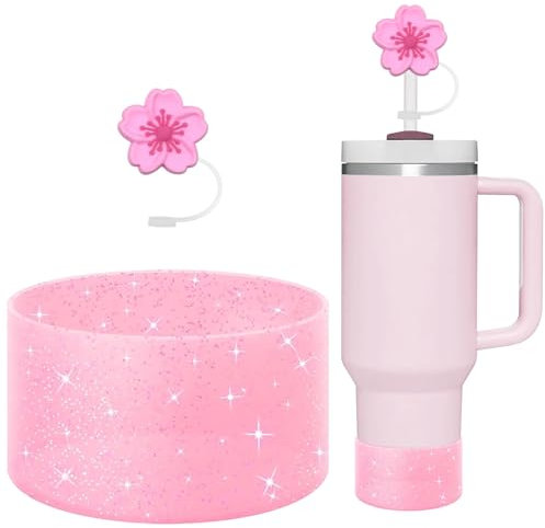 CHEMLLC Bottes en silicone à paillettes pour tasse Stanley 590 ml, 880,5 g, 1200 ml, housse de protection pour fond de tasse Stanley, accessoires de tasse avec paille, rose bling-bling