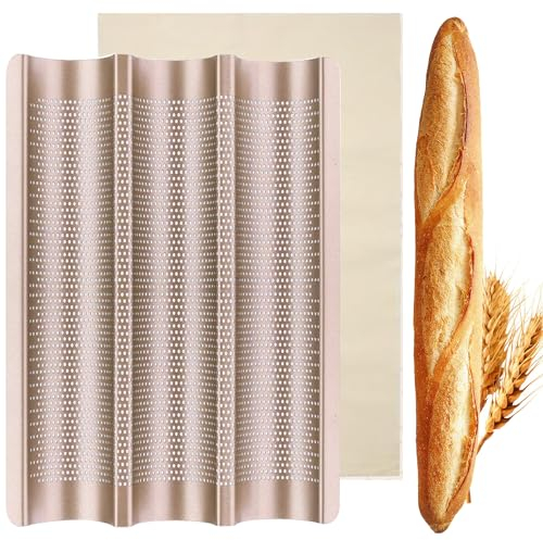ILSSLI Baguette-Pfanne, französische Brotbackform, perforiert, 3 Brote, lang, italienische Brotform, antihaftbeschichtet, Baguettes-Bäckereiblech mit Gärtuch, 38,1 x 27,9 cm