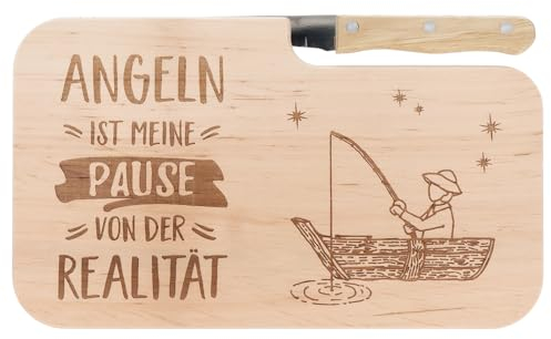 Spruchreif | Brotzeitbrett mit Messer Angeln ist meine Pause – Graviertes Holzbrett mit Angel-Motiv | Lustiges Geschenk für Angler & Naturfreunde