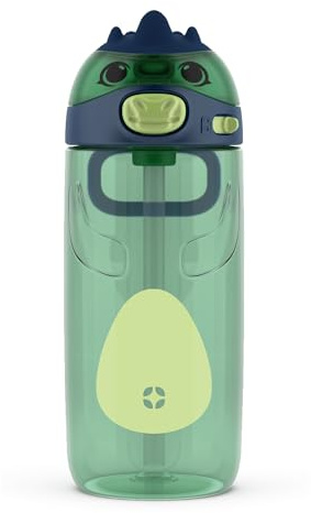 Ello Ellies 16oz Plastic Kids Water Bottle with Straw and Built-in Carrying Handle and Leak-Proof Locking Lid for School backpack, Lunchbox and Outdoor Sports, Dino