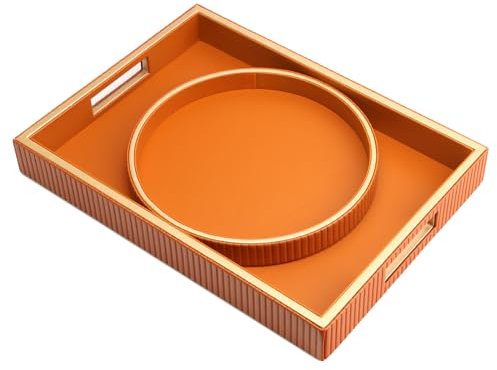 SANZIE Leather Tray Desktop Storage Organizer - Premium Serving & Decorative Tray for Sundries, Cosmetics, Phone, Wallet & Cutlery (Orange Holder with Disc)