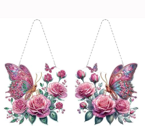 CXINLky 5D DIY Diamond Art Painting Tier Anhänger mit Kette, Diamant Painting Fensterbilder, Tier Diamond Malerei Wandbehang Kits für Fenster Wand Eingang Garten Decor-03-Schmetterling