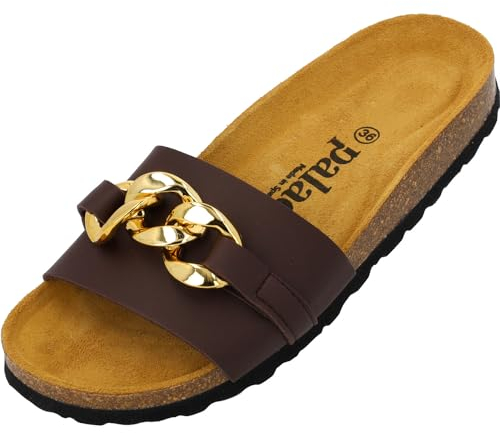Palado Pantoletten Damen Gozo - bequeme Sandalen Made in Spain - Hausschuhe mit dämpfendem Kork-Fußbett - modische Sommerschuhe Braun UK6 - EU39