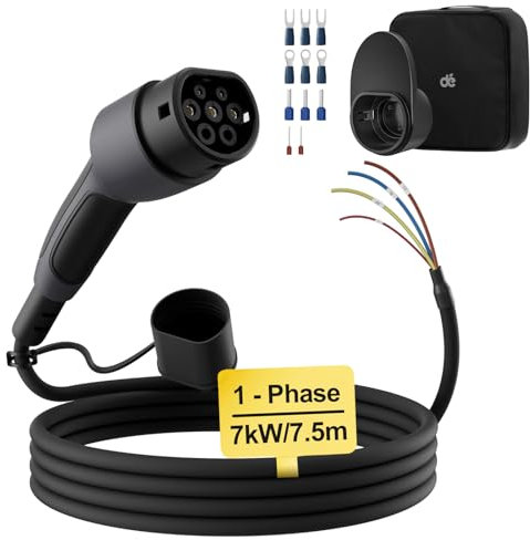 dé Cavo di Ricarica Tipo 2 a estremità Aperta 7kW [1-Fase|7,5m|32A] per Wallbox/Cavo di Sostituzione per Stazione di Ricarica