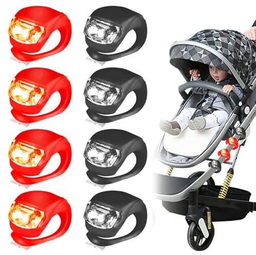Sporgo 8 Stück LED Kinderwagen Licht: Wasserdichte Kinderwagenlicht LED Silikonleuchten Silikon Buggylicht, Mehrzweck LED Kinderwagen Licht für Alle Kinderwagen Beleuchtung (Rot + Schwarz B)