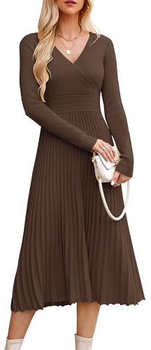 OUGES Strickkleid Damen Winter Kleid Lang Winterkleid Elegant Herbstkleid Langarm V-Ausschnitt Pulloverkleid für Herbst