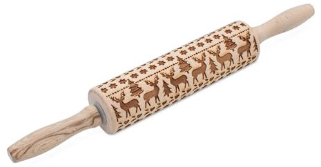 Holz Teigroller mit geprägtem Weihnachtsmotiv - 39 x 5 cm - Keksteig Roller mit Rentier Prägemuster - Präge Nudelholz mit Muster für Plätzchen und Kekse Backzubehör für Weihnachten Advent Winter