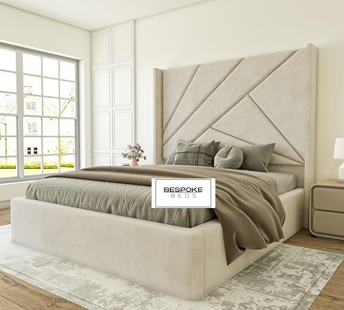 BESPOKE BEDS Upholstered Bed Frame, Ottoman Storage Bed, Double King Bed with Storage, Winged Plush Velvet Bed Frame (Cream Plush Velvet, 5FT KING)