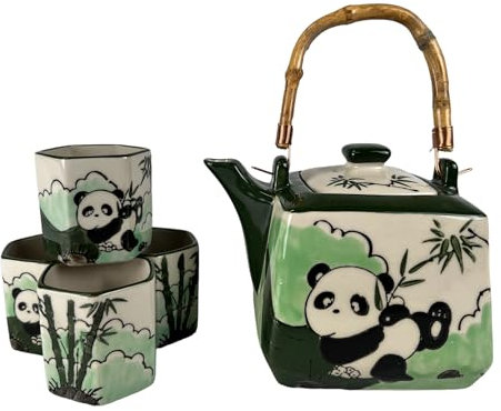 Juego de té de porcelana con forma cuadrada de 591.5 ml con 4 tazas hexagonales, pintado a mano, diseño de panda juguetón, asa superior, estilo japonés